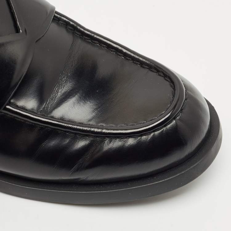 Pre Owned Prada Black Brushed Leather Slip On Loafers Size 37.5