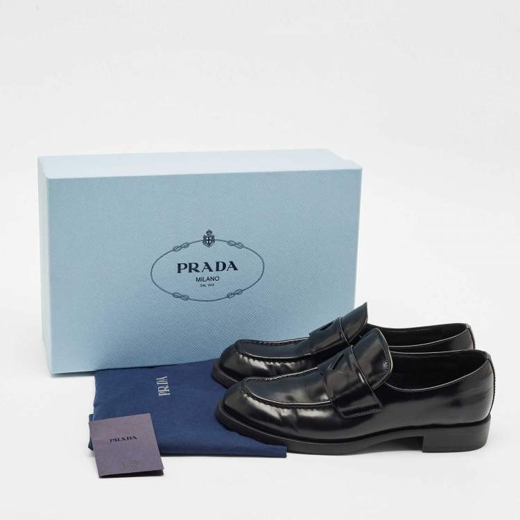 Pre Owned Prada Black Brushed Leather Slip On Loafers Size 37.5