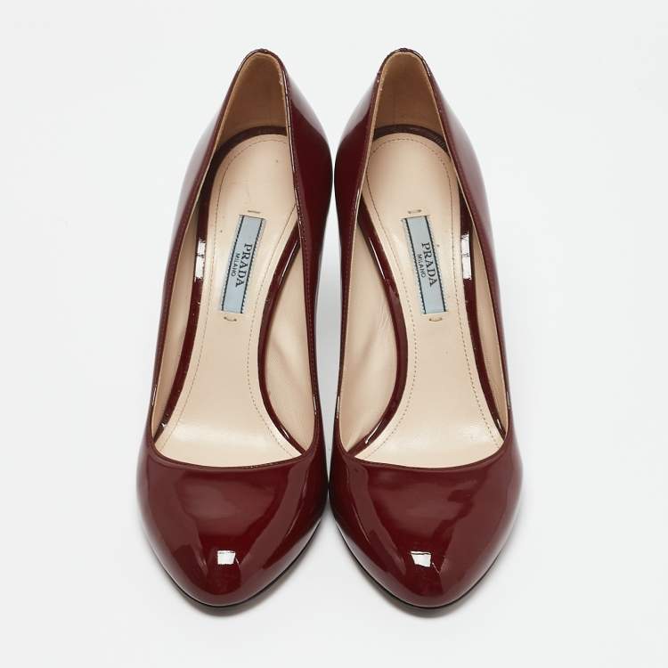 Pre Owned Prada Dark Red Patent Leather Metal Heel Pumps Size 38