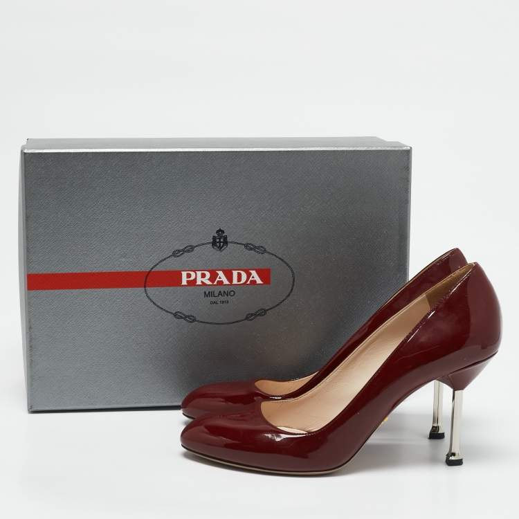 Pre Owned Prada Dark Red Patent Leather Metal Heel Pumps Size 38