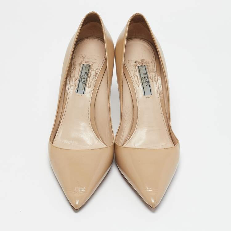 Pre Owned Prada Beige Saffiano Patent Leather Pointed Toe Pumps Size 40.5