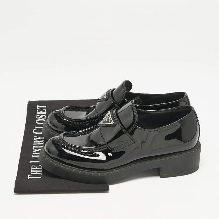 Pre Owned Prada Black Patent Leather Triangle Logo Slip On Loafers Size 37