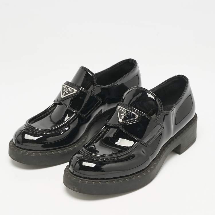 Pre Owned Prada Black Patent Leather Triangle Logo Slip On Loafers Size 37