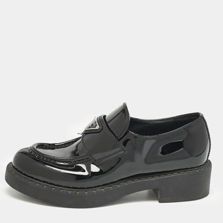 Pre Owned Prada Black Patent Leather Triangle Logo Slip On Loafers Size 37