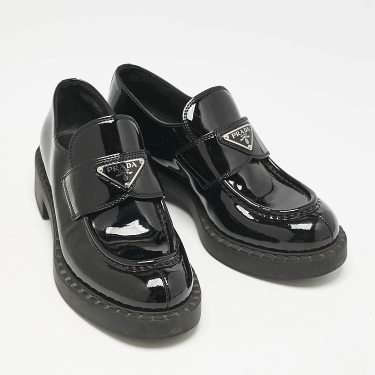 Pre Owned Prada Black Patent Leather Triangle Logo Slip On Loafers Size 37