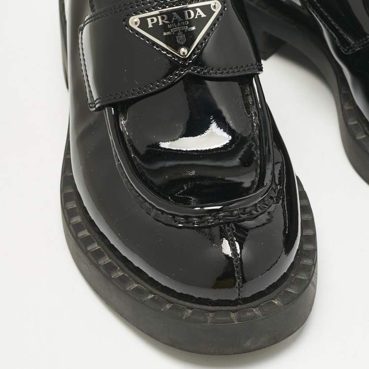 Pre Owned Prada Black Patent Leather Triangle Logo Slip On Loafers Size 37