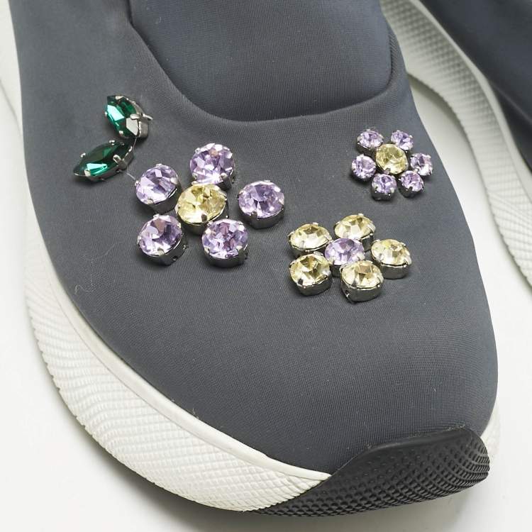 Pre Owned Prada Grey Stretch Fabric Crystal Embellished Slip On Sneakers size 37.5