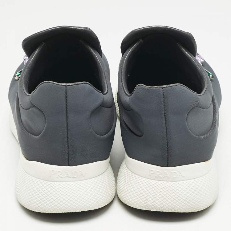 Pre Owned Prada Grey Stretch Fabric Crystal Embellished Slip On Sneakers size 37.5
