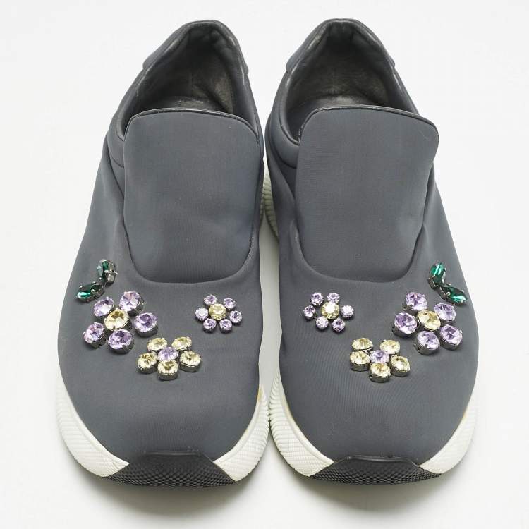 Pre Owned Prada Grey Stretch Fabric Crystal Embellished Slip On Sneakers size 37.5