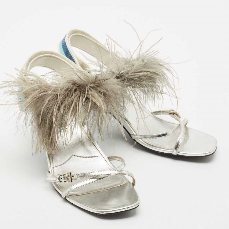 Pre Owned Prada Metallic Silver Leather and Ostrich Feather Ankle Strap Sandals Size 40