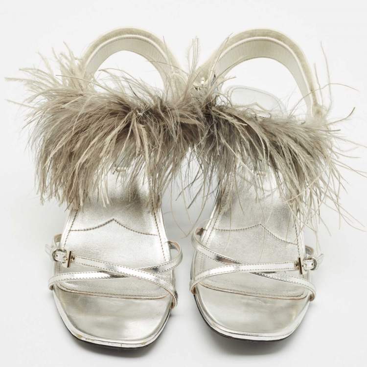 Pre Owned Prada Metallic Silver Leather and Ostrich Feather Ankle Strap Sandals Size 40