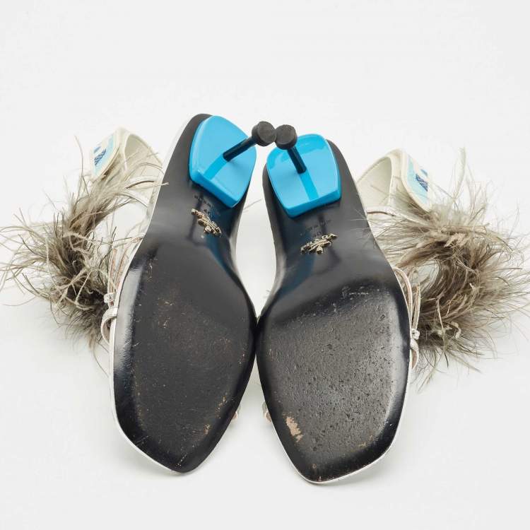 Pre Owned Prada Metallic Silver Leather and Ostrich Feather Ankle Strap Sandals Size 40