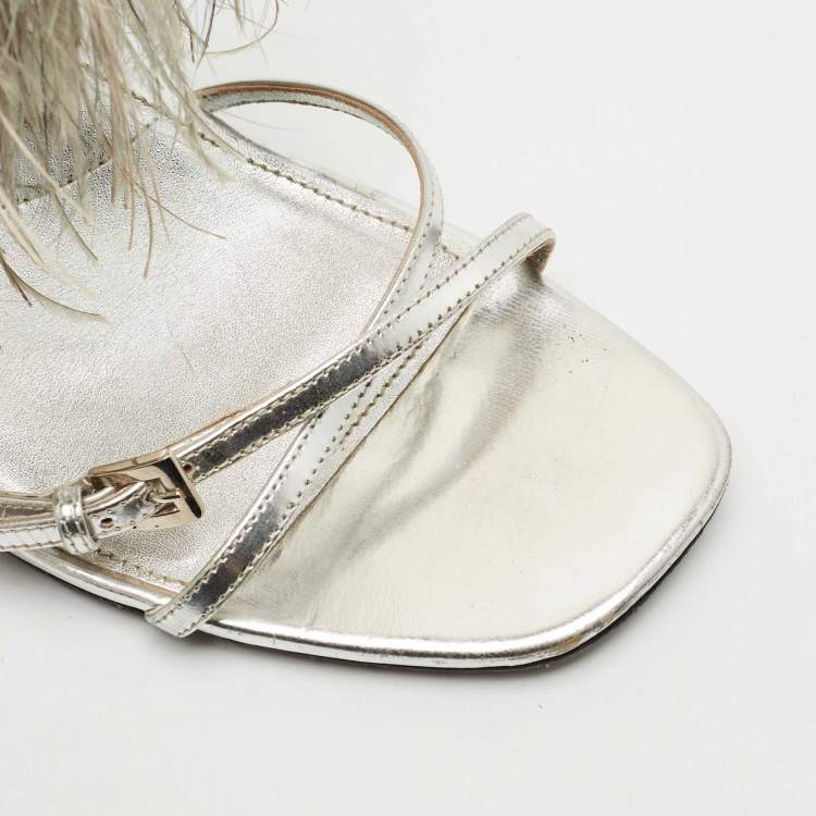 Pre Owned Prada Metallic Silver Leather and Ostrich Feather Ankle Strap Sandals Size 40