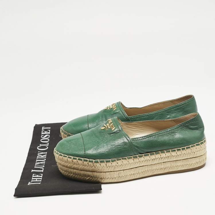Pre Owned Prada Green Leather Logo Platform Espadrilles Size 39