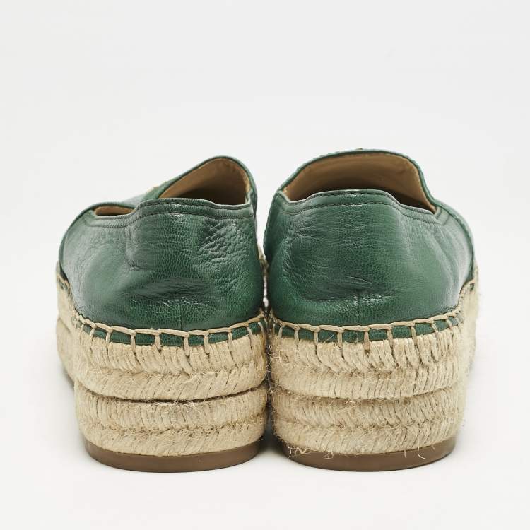Pre Owned Prada Green Leather Logo Platform Espadrilles Size 39