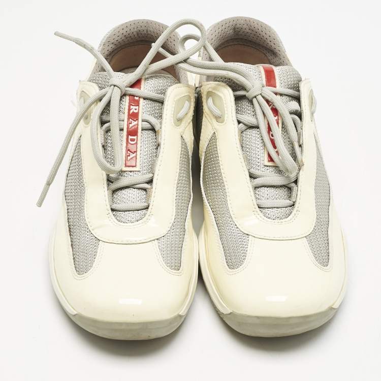 Pre Owned Prada Cream/Grey Mesh and Patent Leather Low Top Sneakers Size 38.5