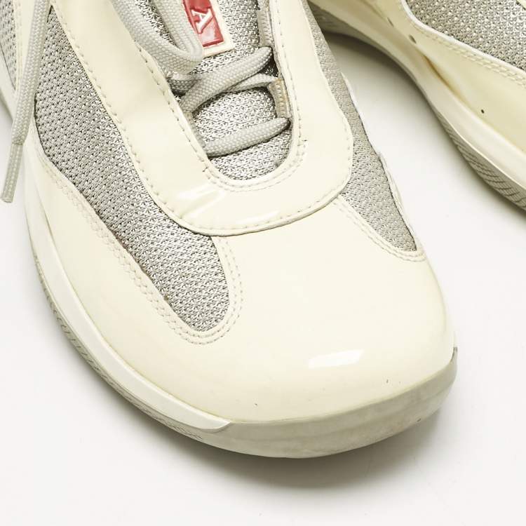 Pre Owned Prada Cream/Grey Mesh and Patent Leather Low Top Sneakers Size 38.5