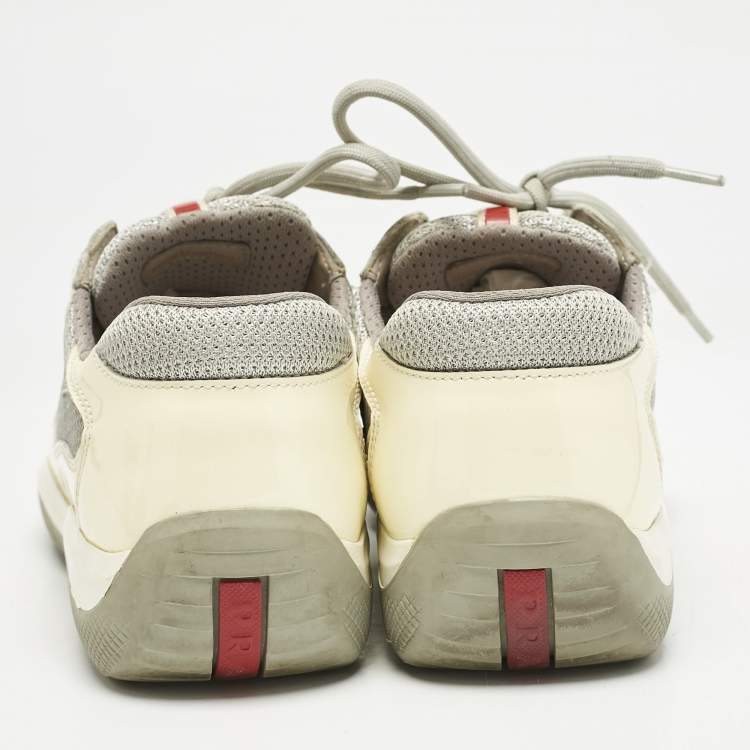 Pre Owned Prada Cream/Grey Mesh and Patent Leather Low Top Sneakers Size 38.5