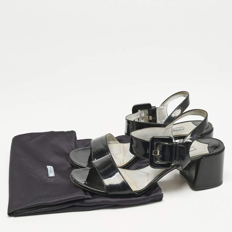 Pre Owned Prada Black Patent Leather Ankle Strap Sandals Size 39.5