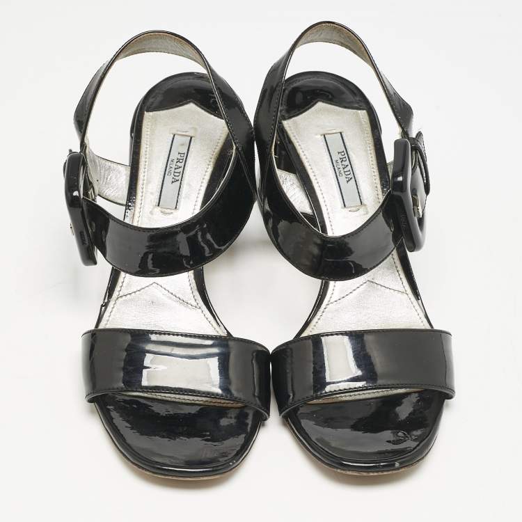 Pre Owned Prada Black Patent Leather Ankle Strap Sandals Size 39.5