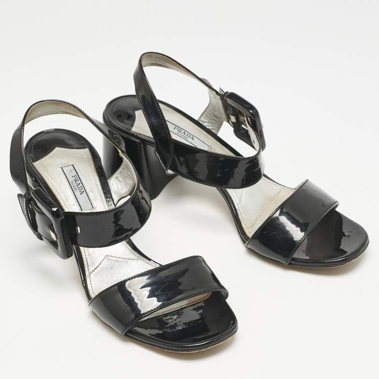 Pre Owned Prada Black Patent Leather Ankle Strap Sandals Size 39.5