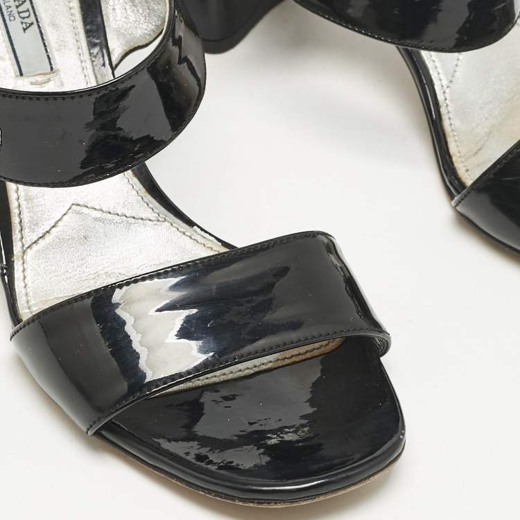 Pre Owned Prada Black Patent Leather Ankle Strap Sandals Size 39.5