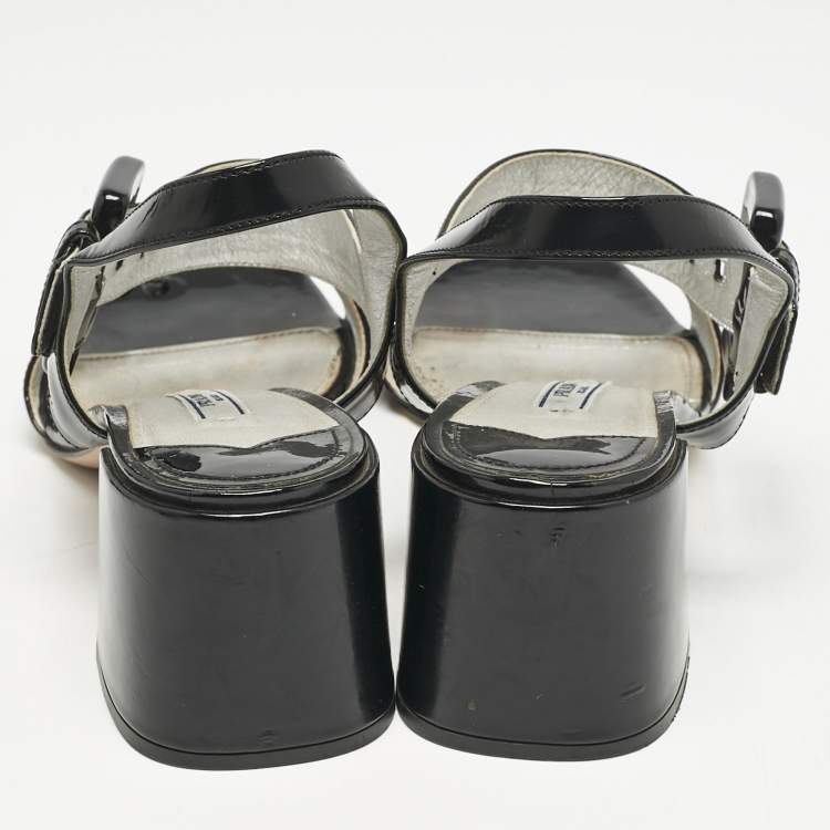 Pre Owned Prada Black Patent Leather Ankle Strap Sandals Size 39.5