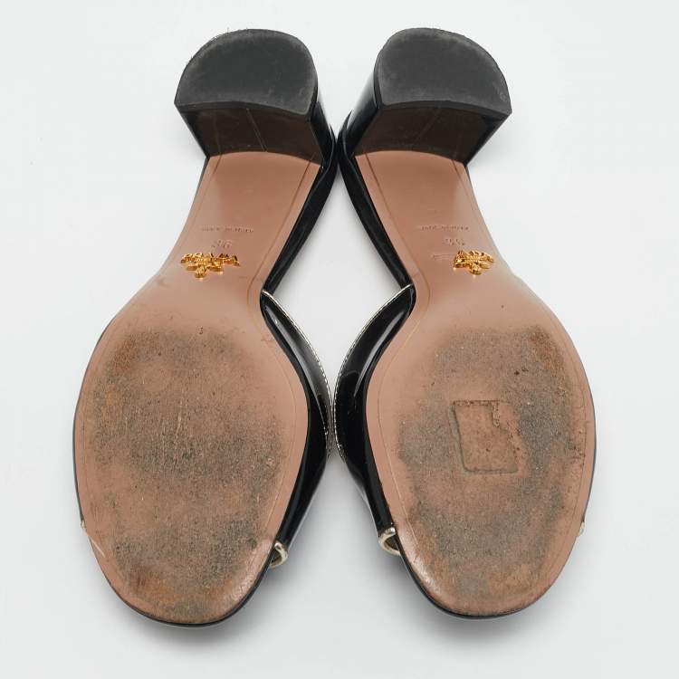 Pre Owned Prada Black Patent Leather Logo Slide Sandals Size 36