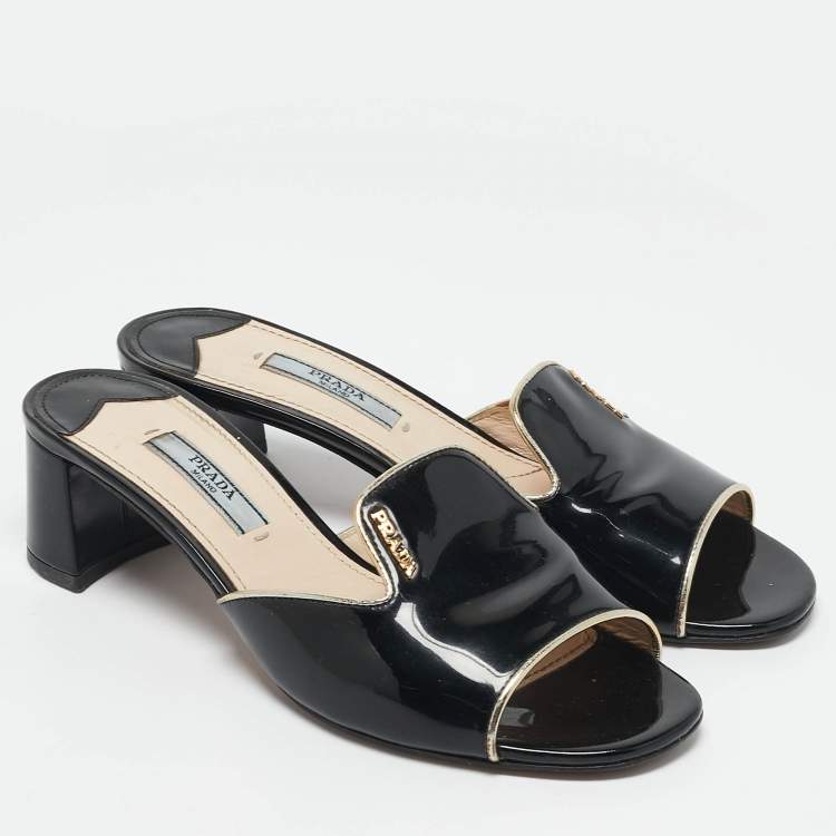 Pre Owned Prada Black Patent Leather Logo Slide Sandals Size 36