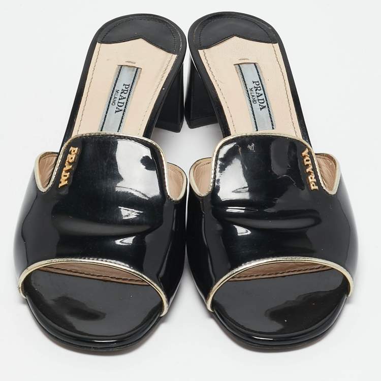 Pre Owned Prada Black Patent Leather Logo Slide Sandals Size 36
