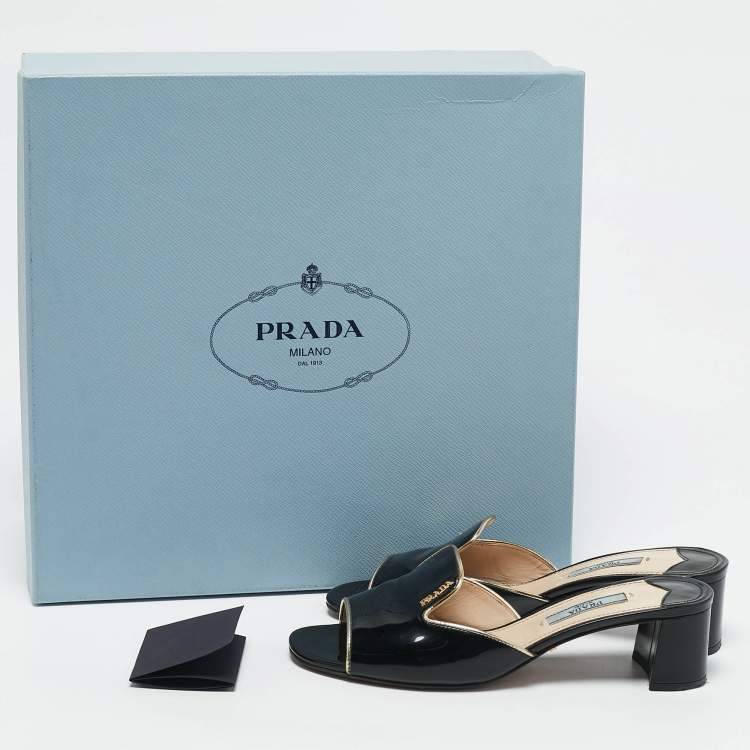 Pre Owned Prada Black Patent Leather Logo Slide Sandals Size 36