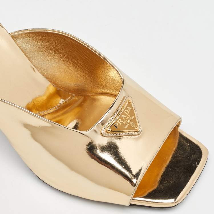 Pre Owned Prada Gold Patent Leather Block Heel Slide Sandals Size 41