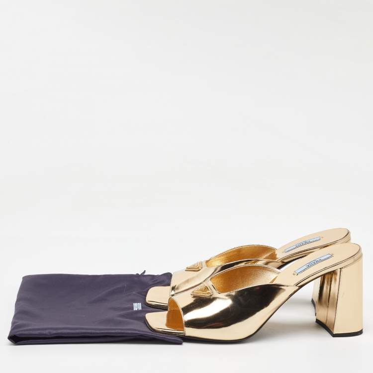 Pre Owned Prada Gold Patent Leather Block Heel Slide Sandals Size 41