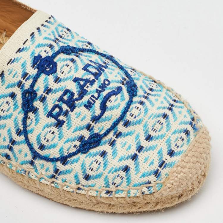 Pre Owned Prada Off White/Blue Nastro Jacquard Embroidered Logo Espadrille Flats Size 35