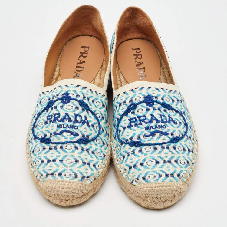 Pre Owned Prada Off White/Blue Nastro Jacquard Embroidered Logo Espadrille Flats Size 35