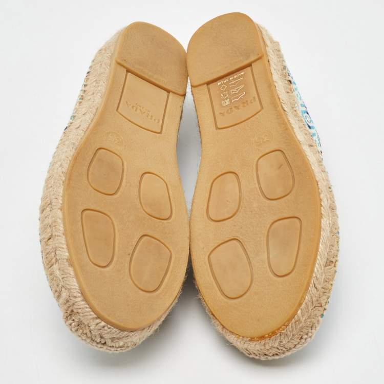 Pre Owned Prada Off White/Blue Nastro Jacquard Embroidered Logo Espadrille Flats Size 35
