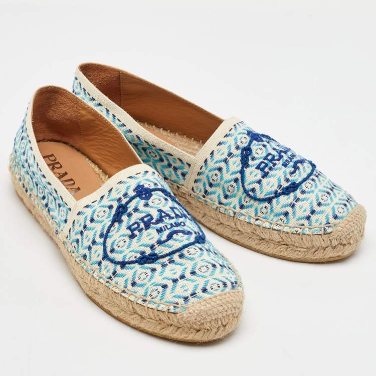 Pre Owned Prada Off White/Blue Nastro Jacquard Embroidered Logo Espadrille Flats Size 35