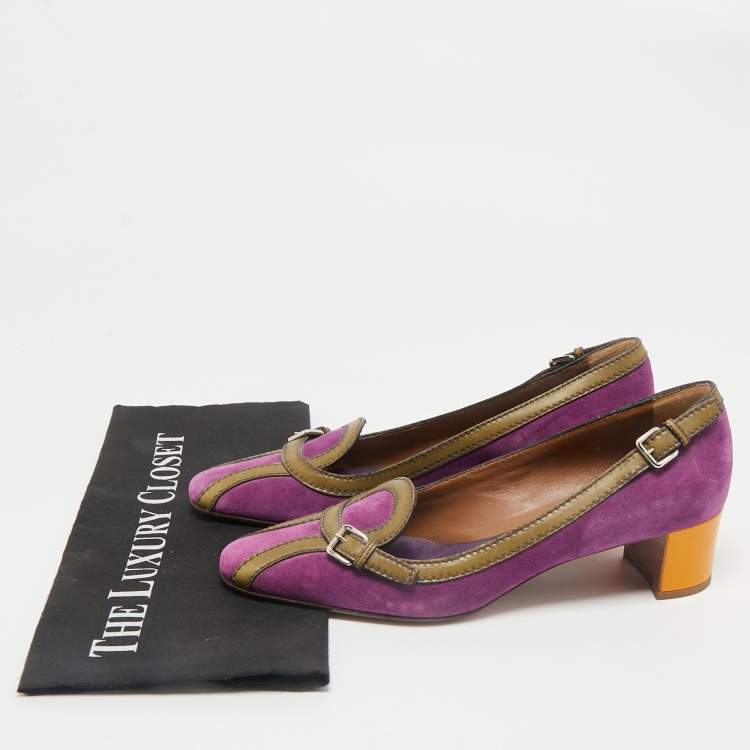 Pre Owned Prada Multicolor Leather and Suede Block Heel Pumps Size 38.5
