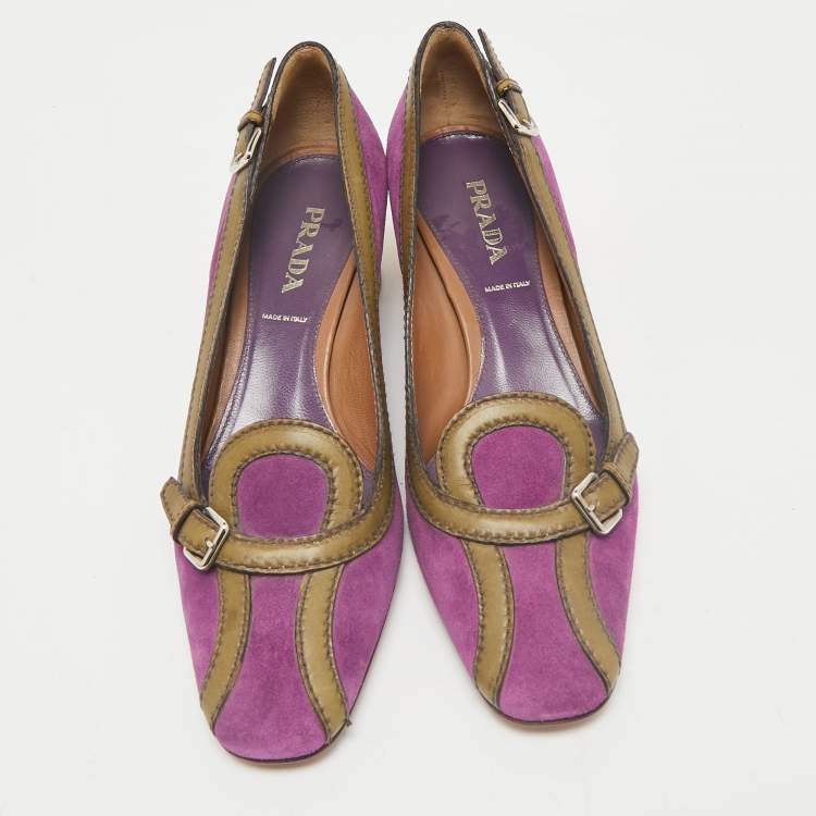 Pre Owned Prada Multicolor Leather and Suede Block Heel Pumps Size 38.5