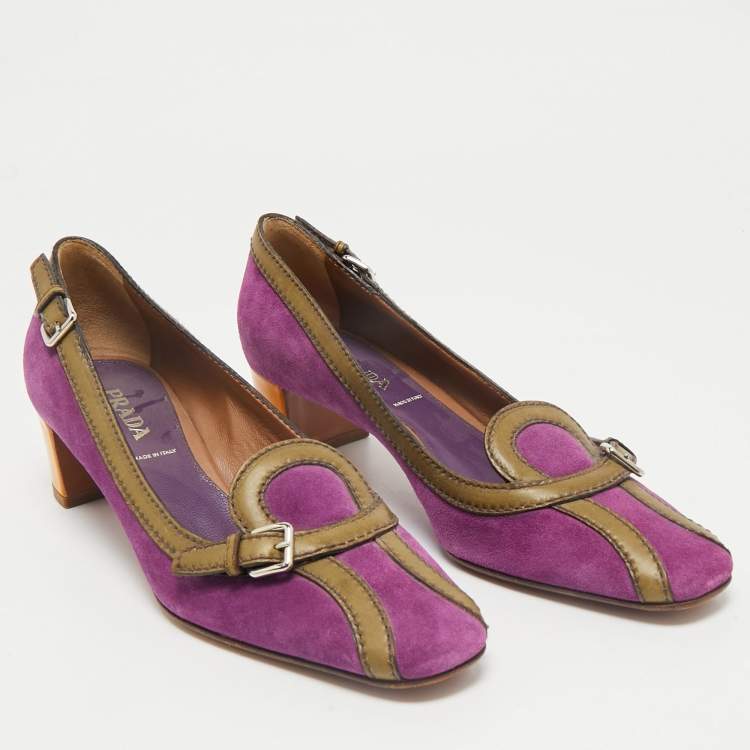 Pre Owned Prada Multicolor Leather and Suede Block Heel Pumps Size 38.5