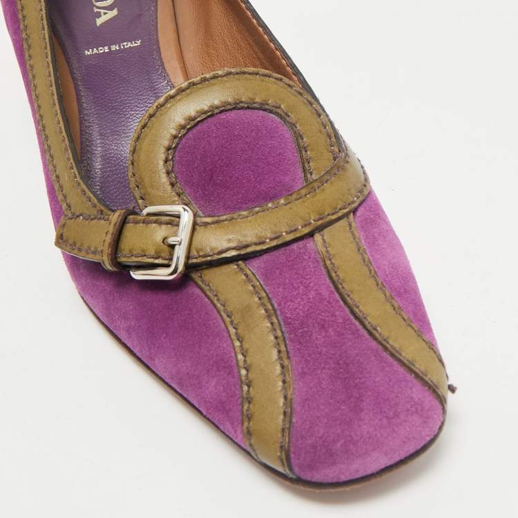 Pre Owned Prada Multicolor Leather and Suede Block Heel Pumps Size 38.5