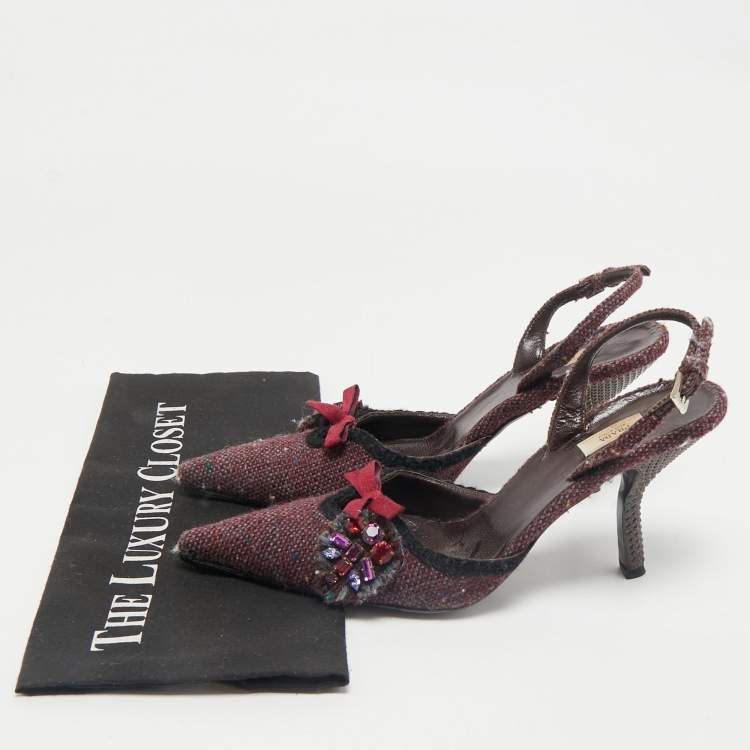 Pre Owned Prada Burgundy Tweed Crystal Embellished Slingback Pumps Size 39