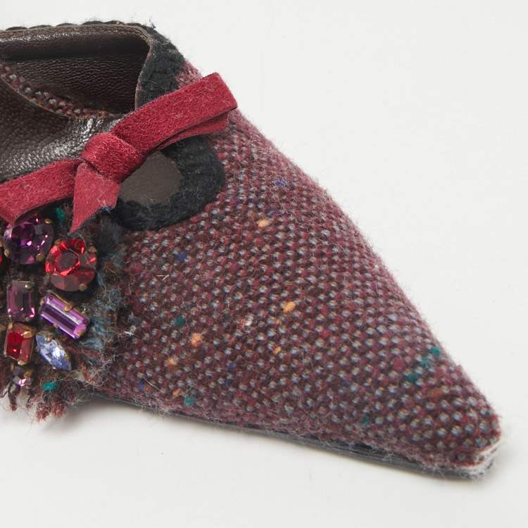 Pre Owned Prada Burgundy Tweed Crystal Embellished Slingback Pumps Size 39