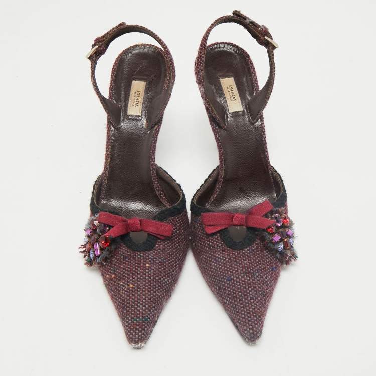 Pre Owned Prada Burgundy Tweed Crystal Embellished Slingback Pumps Size 39