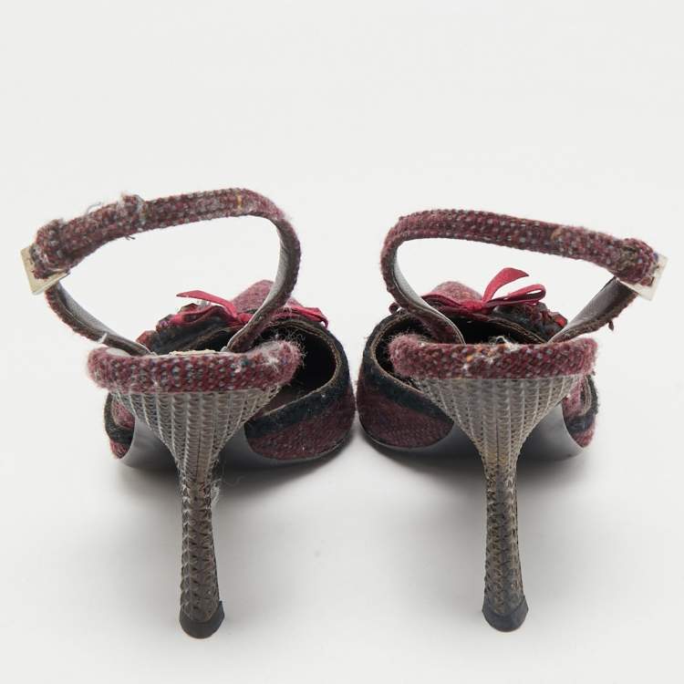 Pre Owned Prada Burgundy Tweed Crystal Embellished Slingback Pumps Size 39