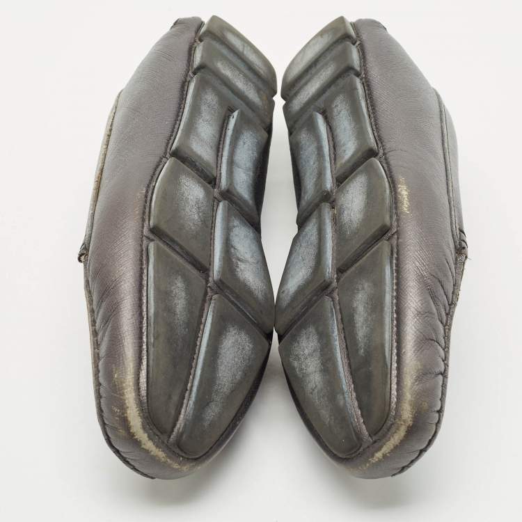 Pre Owned Prada Dark Grey Saffiano Leather Slip On Loafers Size 38