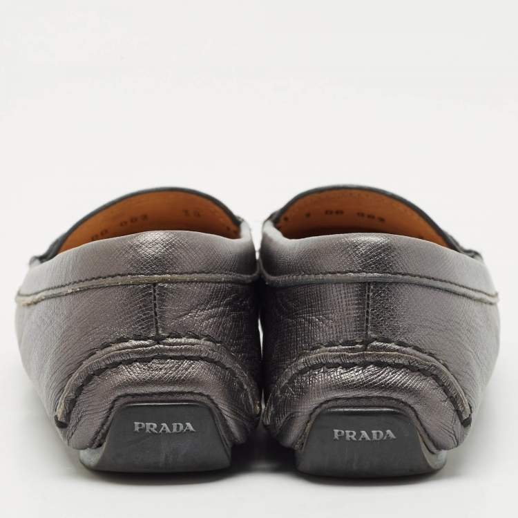 Pre Owned Prada Dark Grey Saffiano Leather Slip On Loafers Size 38