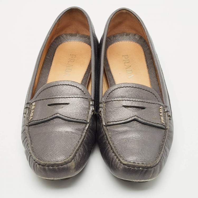 Pre Owned Prada Dark Grey Saffiano Leather Slip On Loafers Size 38