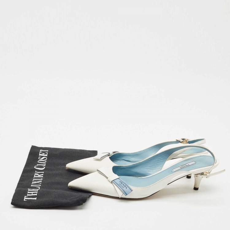 Pre Owned Prada White Leather Bow Slingback Pumps Size 40