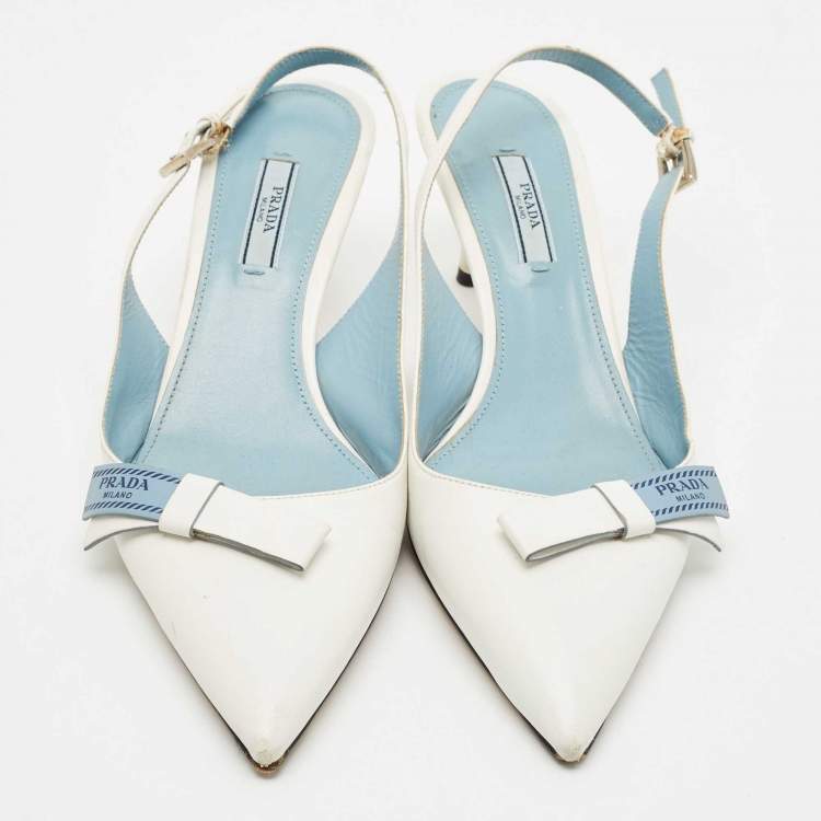 Pre Owned Prada White Leather Bow Slingback Pumps Size 40